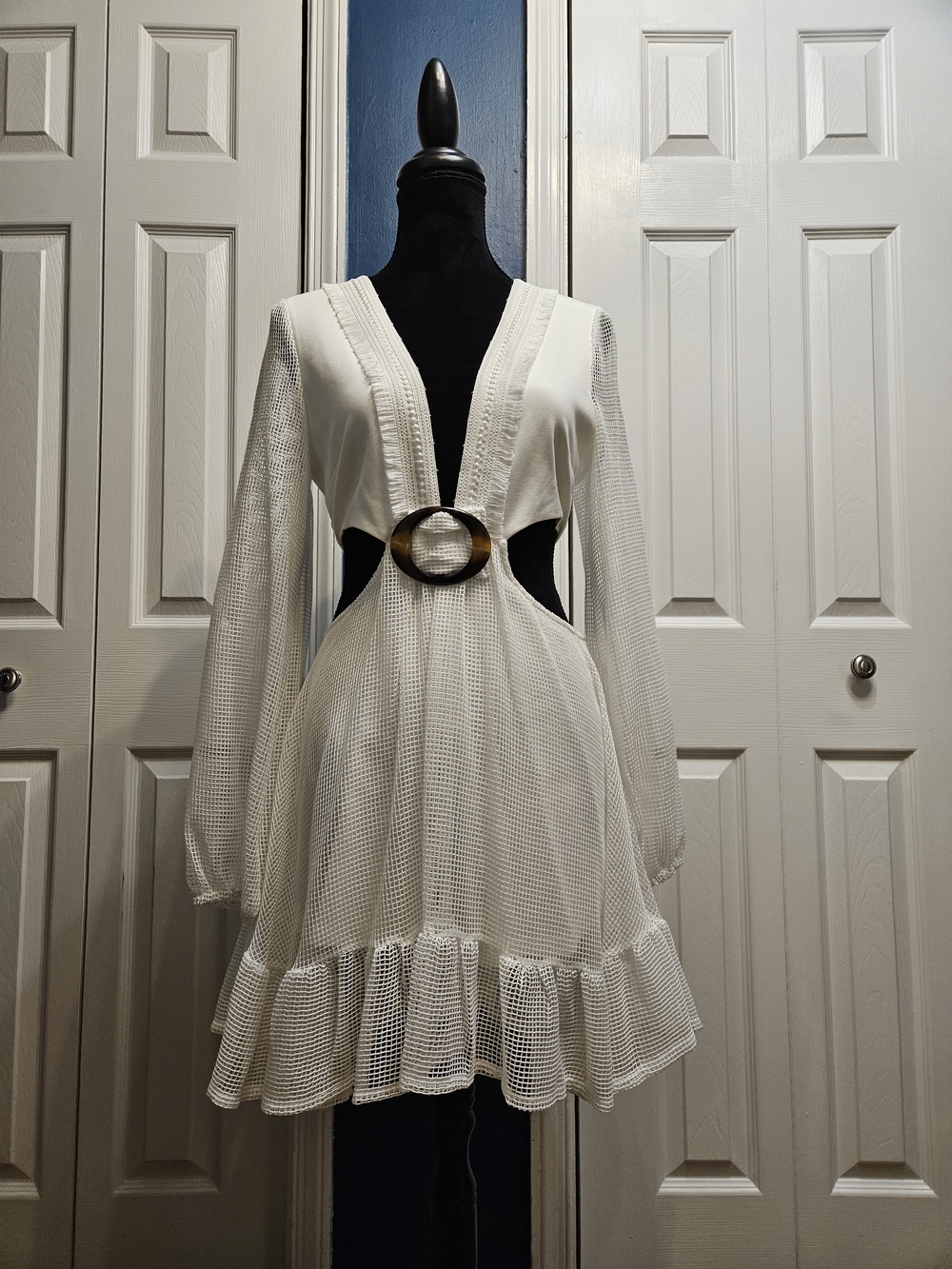 bebe White Long-Sleeve Mesh Dress with Ring Accent